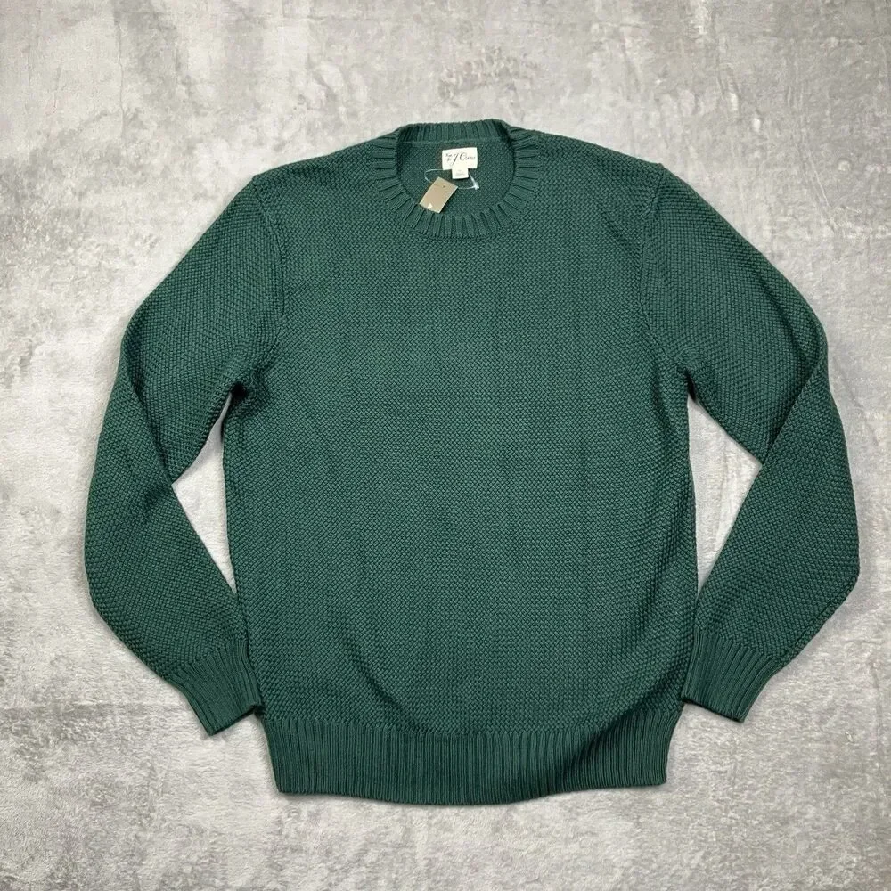J Crew Sweater Mens S Green Crewneck Premium Basket-stitch Cotton Smart Casual